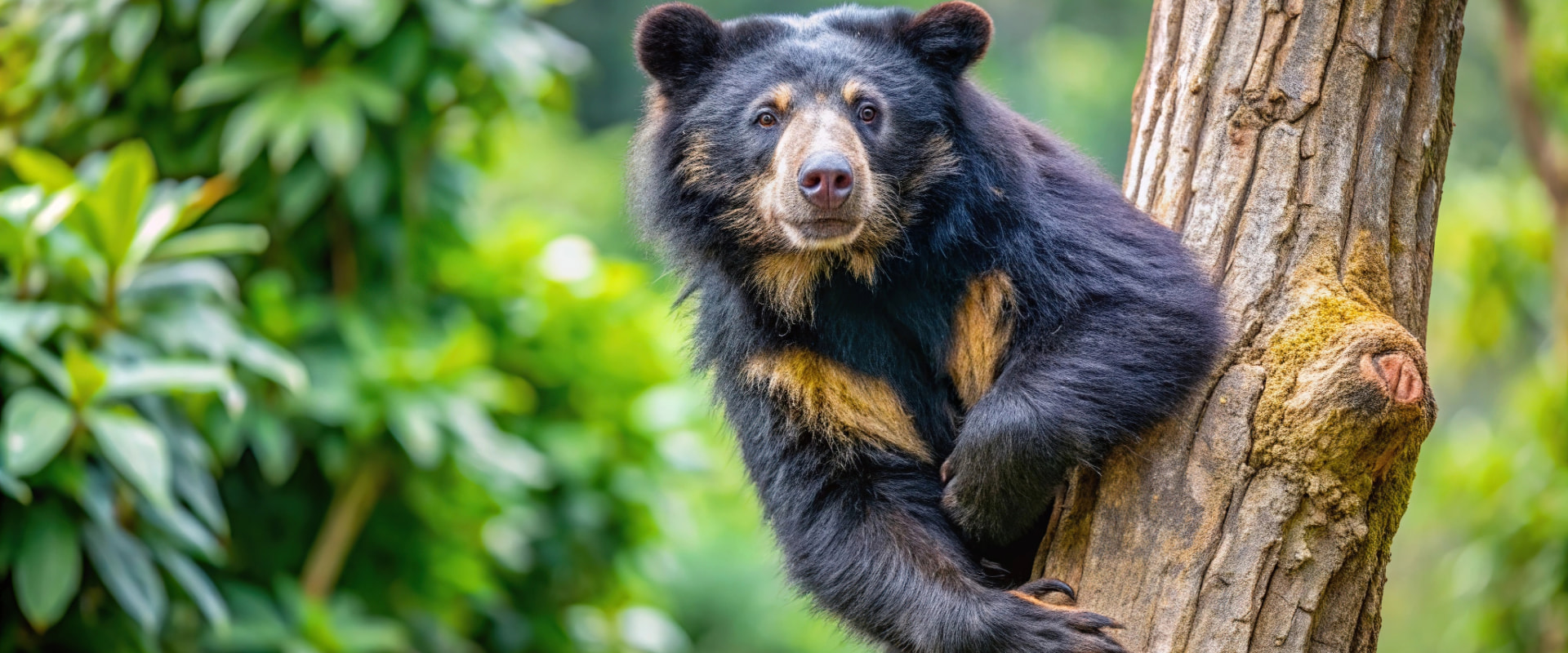 A spectacled bear resting on a tree branch in its natural habitat.